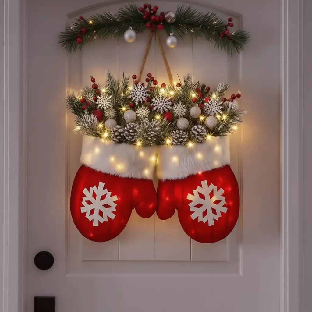 Couronne de Noël lumineuse en gants rouges Fééries Mancelya