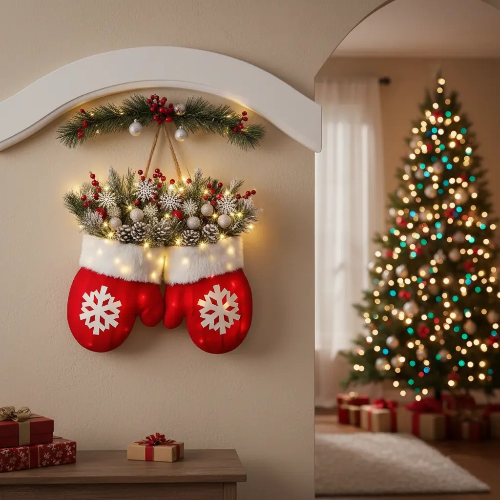 Couronne de Noël lumineuse en gants rouges Fééries Mancelya