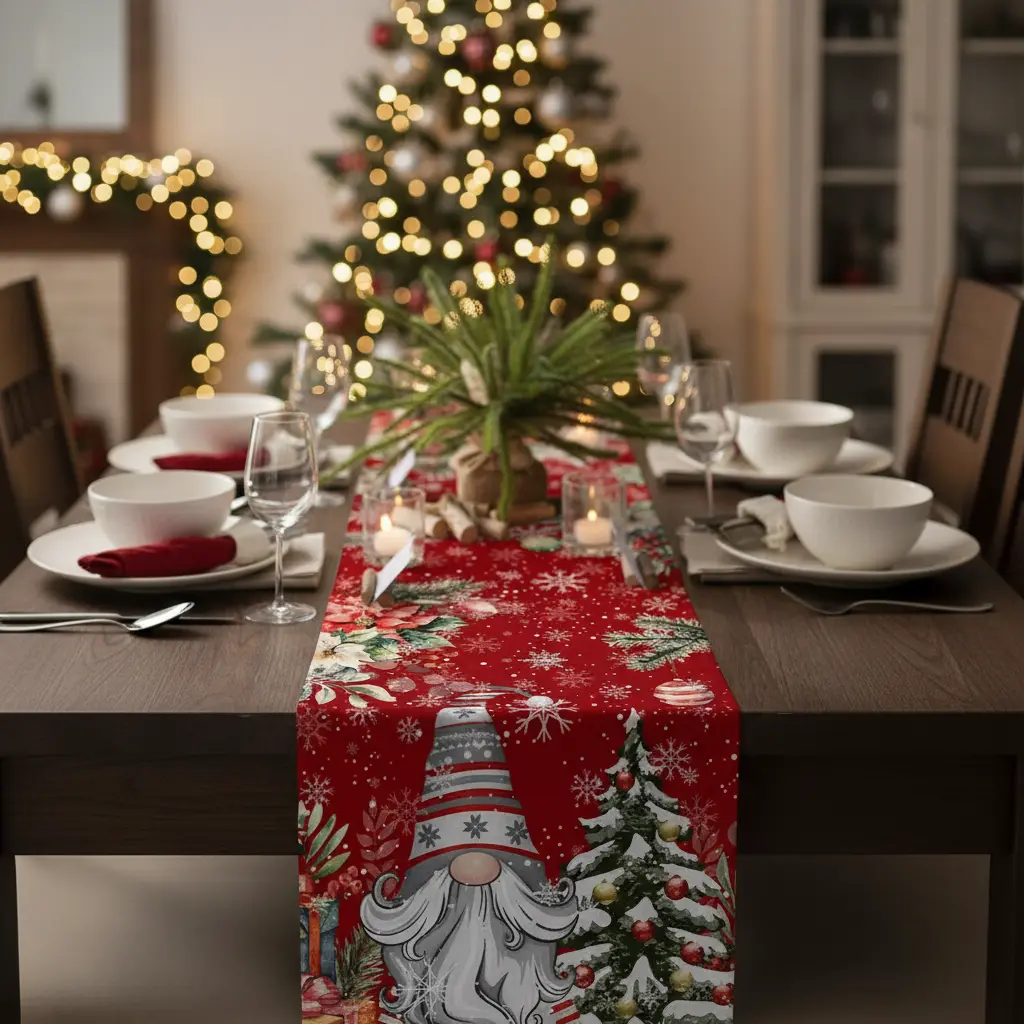 Chemin de table motifs Gnomes et flocons Fééries Mancelya