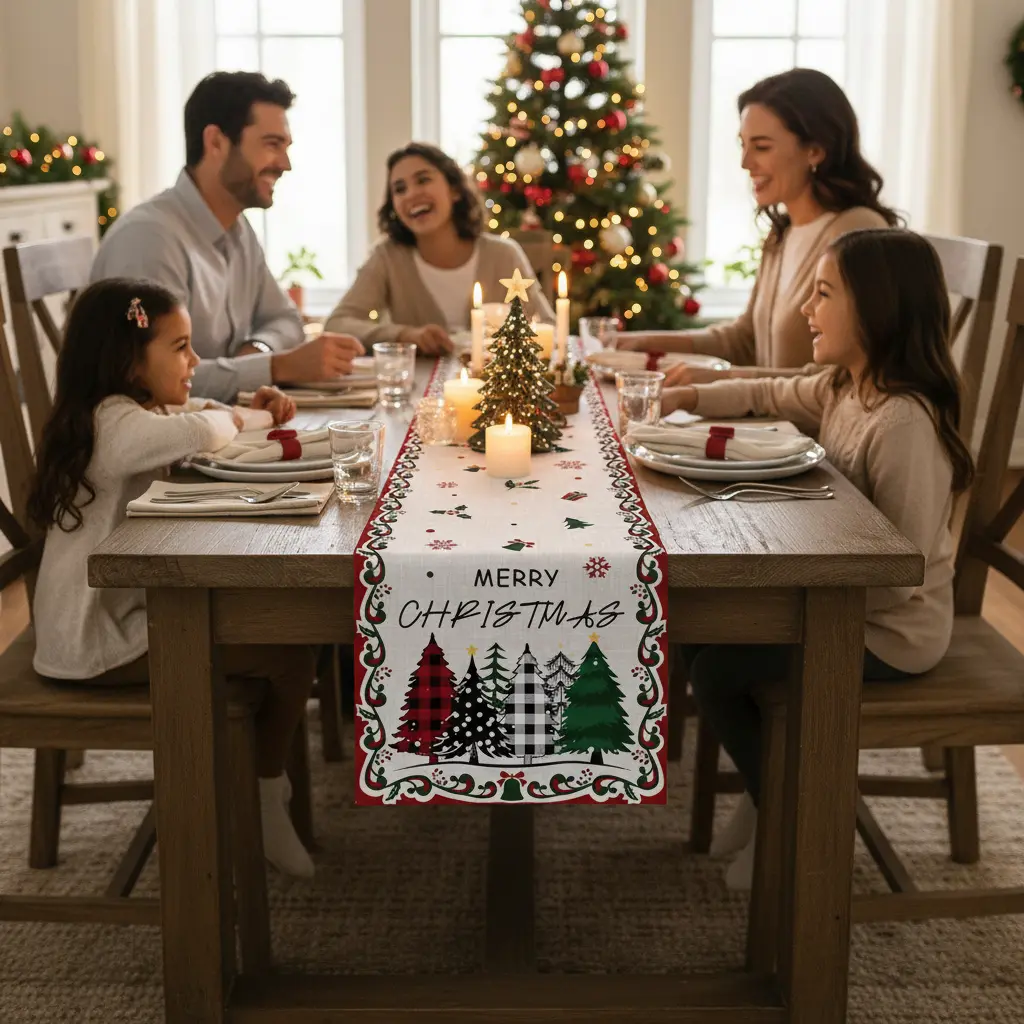 Chemin de table sapins et boules festives Fééries Mancelya