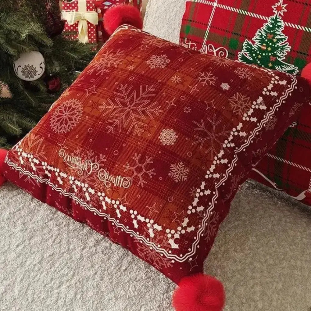 Housses de coussin imprimés avec pompons (lot de 2)