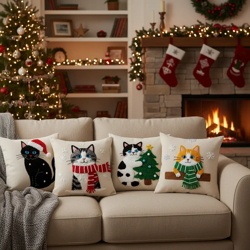 Housses d'oreiller imprimé chat festif(lot de 4) Fééries Mancelya