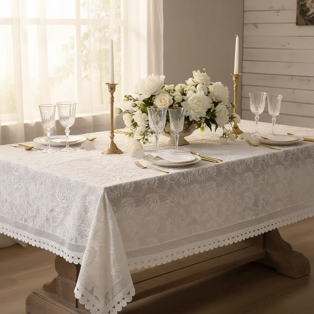 Nappe de table luxueuse en dentelle brodée, style vintage chic Fééries Mancelya