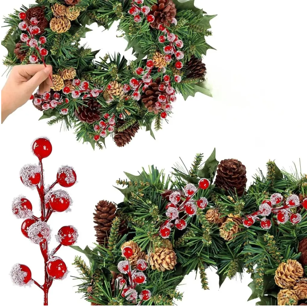 Bouquets de baies rouges artificielles enneigées Fééries Mancelya