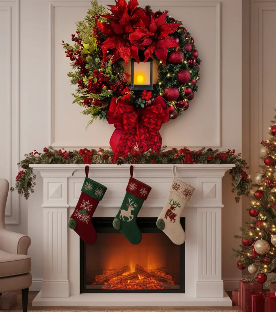 Couronne de Noël à lanterne lumineuse avec fleurs et ruban Fééries Mancelya