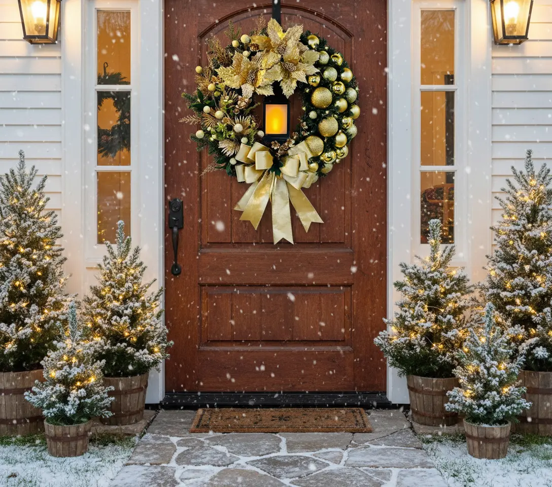Couronne de Noël à lanterne lumineuse avec fleurs et ruban Fééries Mancelya