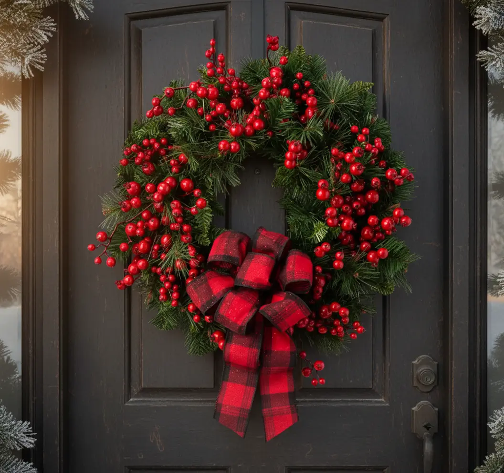 Couronne de baies rouges artificielles de Noël Fééries Mancelya