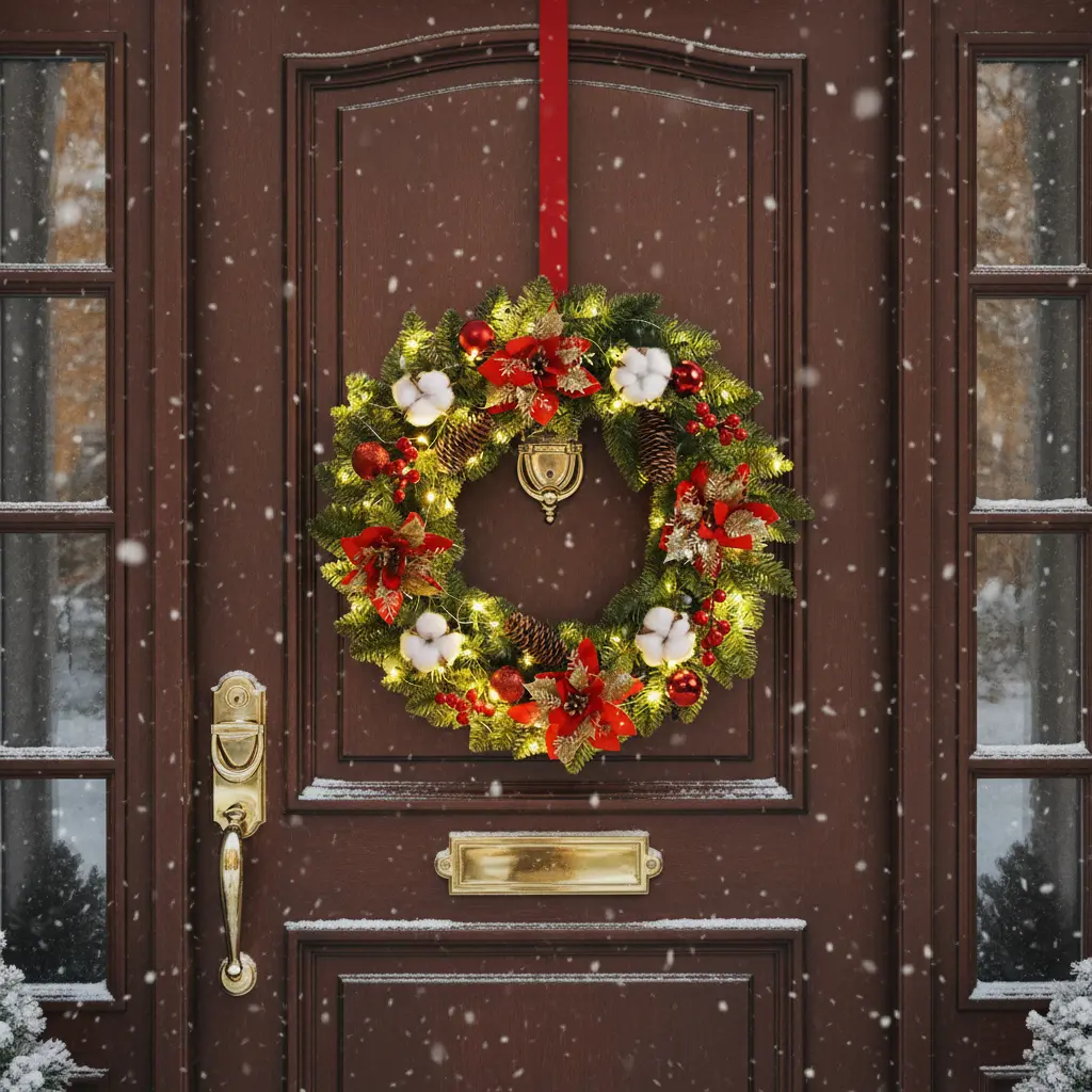 Couronne de noël de fleurs artificielles et pommes de pin lumineuse Fééries Mancelya