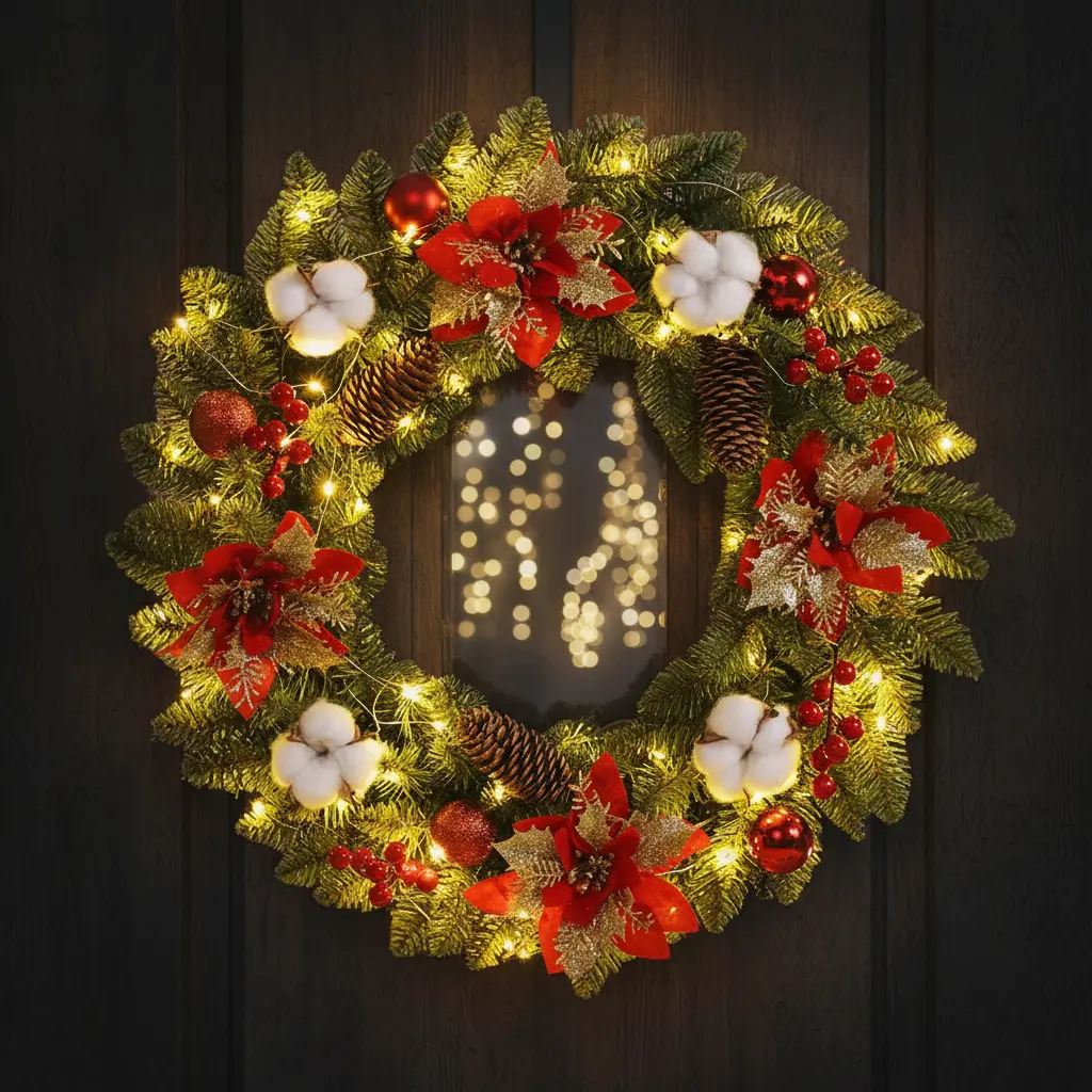 Couronne de noël de fleurs artificielles et pommes de pin lumineuse Fééries Mancelya