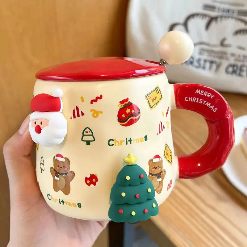 Tasse de Noël en céramique avec couvercle et cuillère motifs 3D Fééries Mancelya