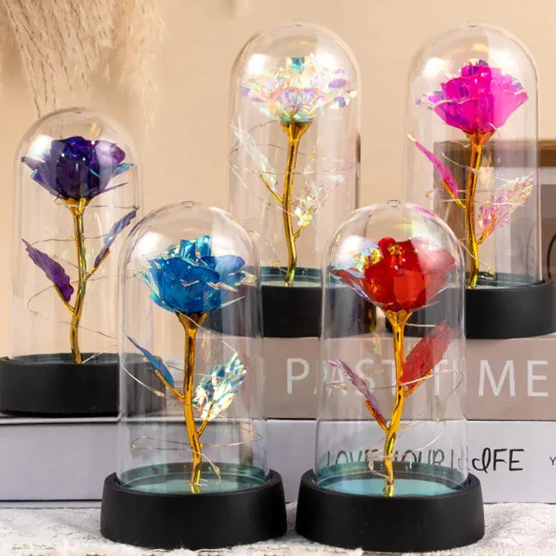 Rose éternelle lumineuse LED sous cloche en verre Fééries Mancelya