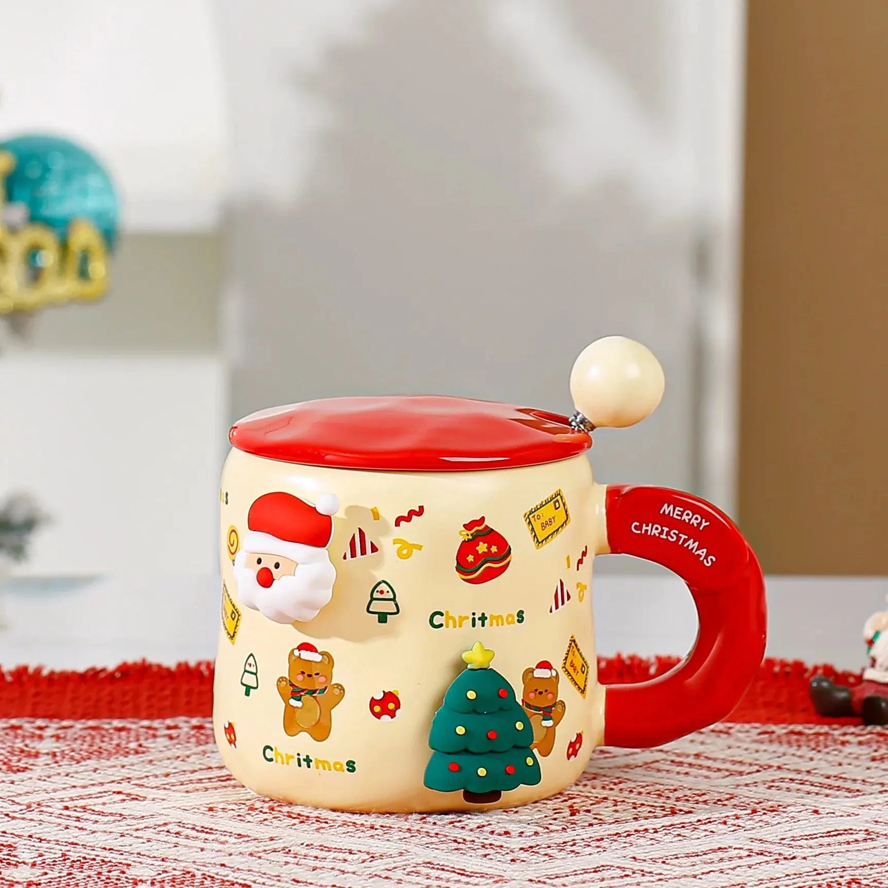 Tasse de Noël en céramique avec couvercle et cuillère motifs 3D Fééries Mancelya