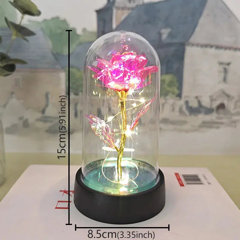 Rose éternelle lumineuse LED sous cloche en verre Fééries Mancelya