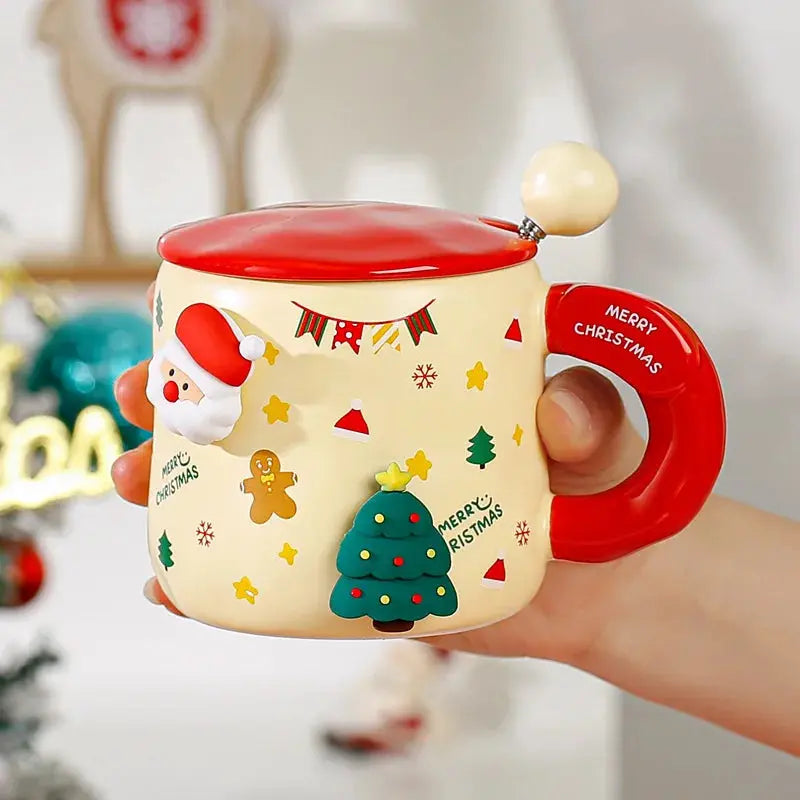 Tasse de Noël en céramique avec couvercle et cuillère motifs 3D Fééries Mancelya
