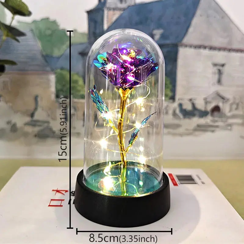 Rose éternelle lumineuse LED sous cloche en verre Fééries Mancelya