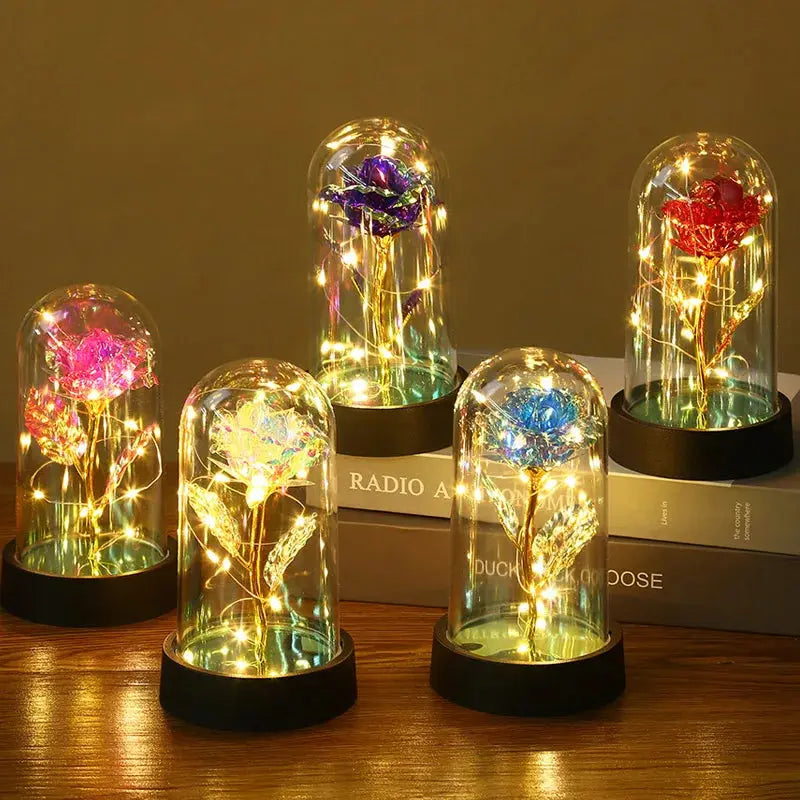 Rose éternelle lumineuse LED sous cloche en verre Fééries Mancelya