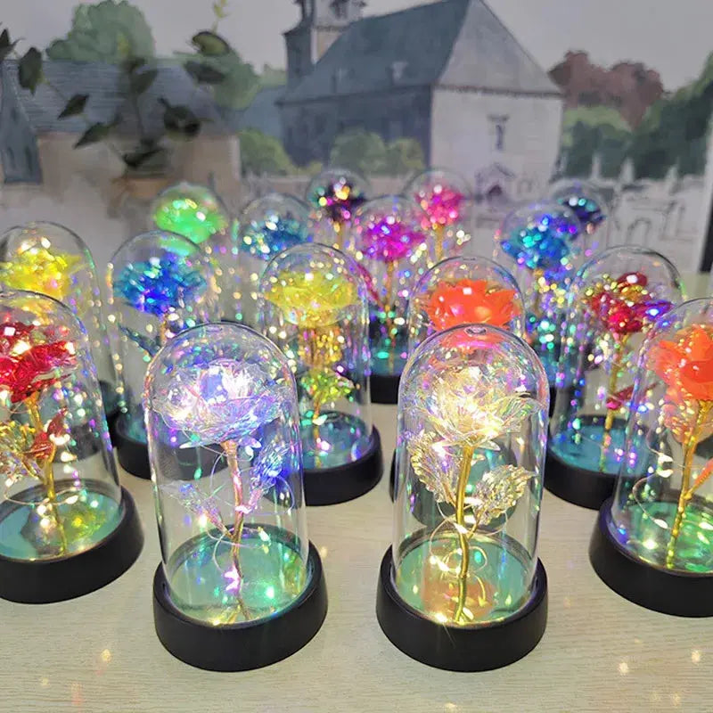 Rose éternelle lumineuse LED sous cloche en verre Fééries Mancelya