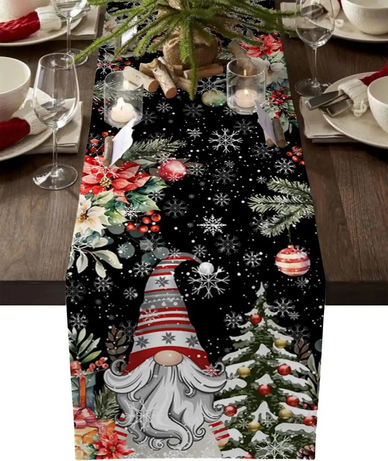 Chemin de table motifs Gnomes et flocons Fééries Mancelya